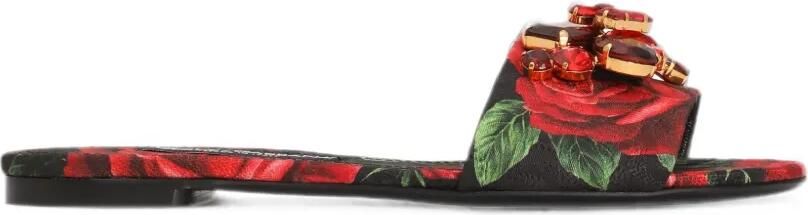 Dolce & Gabbana Brokaat slippers met roosprint Zwart