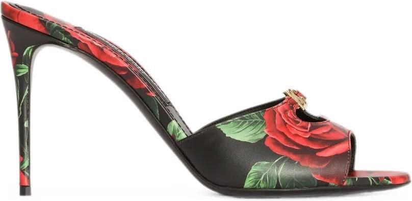 Dolce & Gabbana Kalfsleren muiltjes met roos-print Zwart