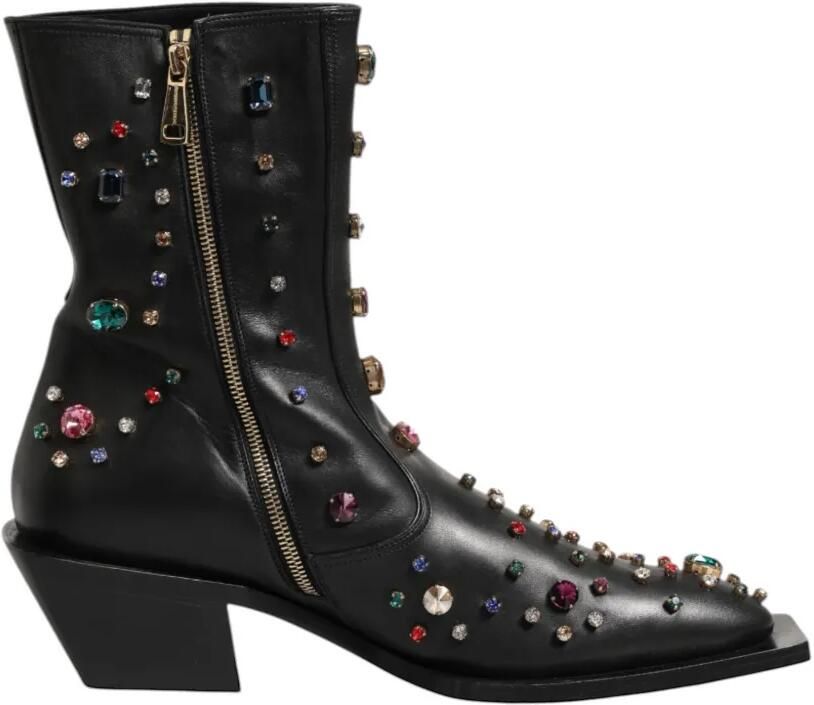 Dolce & Gabbana Leren enkellaarzen verfraaid met kristallen Zwart