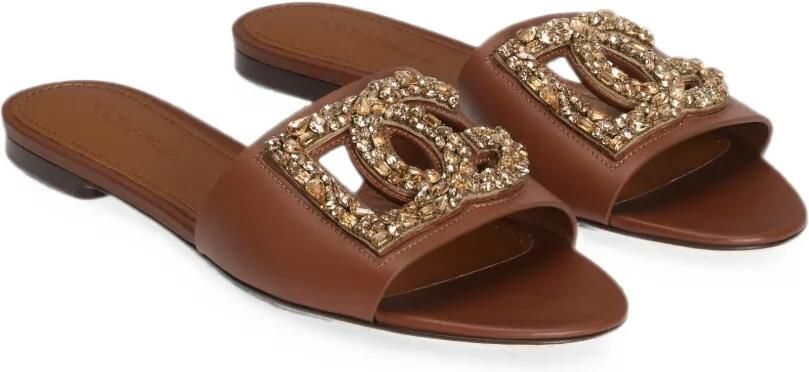 Dolce & Gabbana Platte kalfsleren slippers met borduurwerk Bruin - Foto 3
