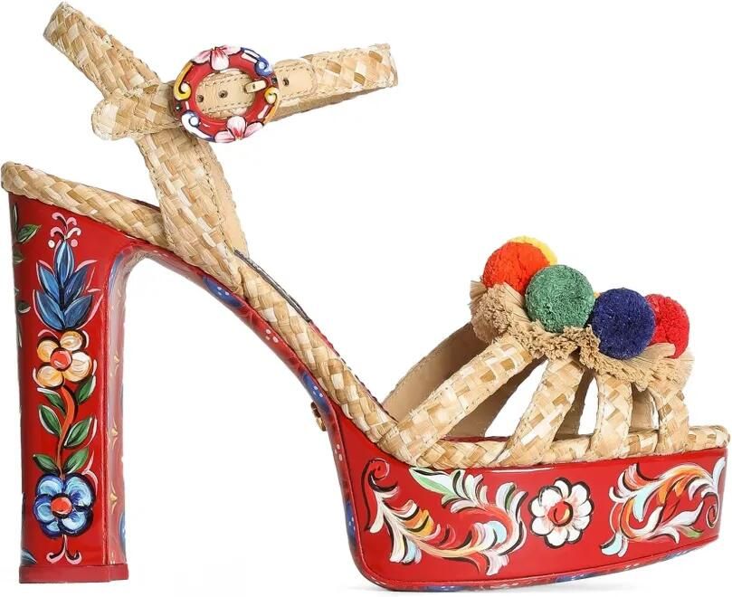 Dolce & Gabbana Raffia sandalen met plateauzool en borduurwerk Beige
