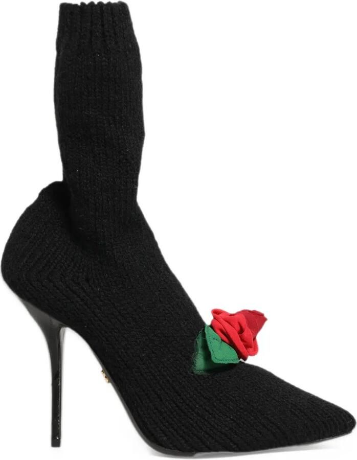 Dolce & Gabbana rose-appliqué ribbed-knit ankle boots Zwart