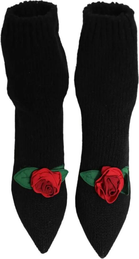 Dolce & Gabbana rose-appliqué ribbed-knit ankle boots Zwart - Foto 5