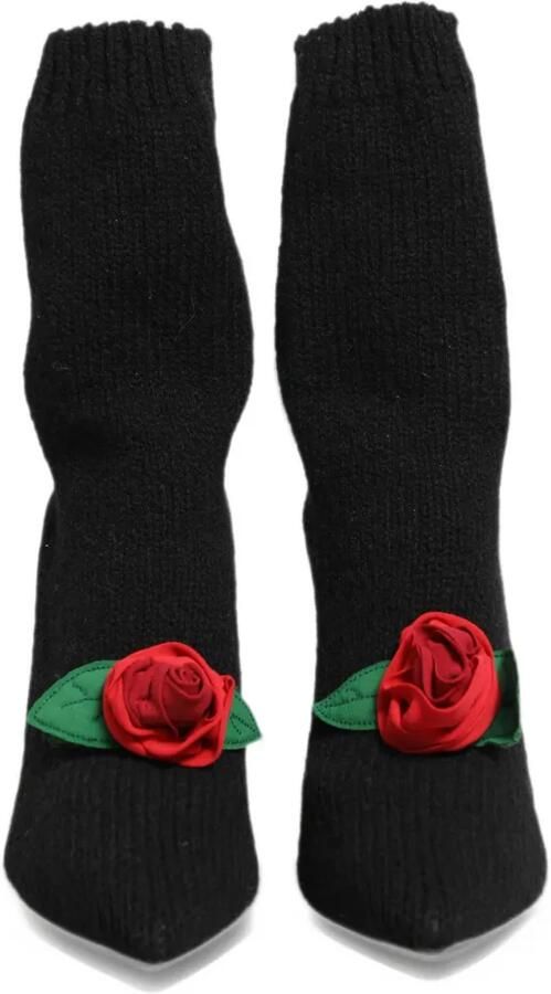 Dolce & Gabbana rose-appliqué ribbed-knit ankle boots Zwart - Foto 4