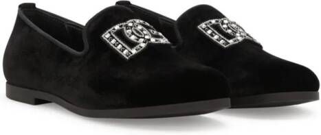 Dolce & Gabbana Kids Fluwelen slippers verfraaid met stras Zwart