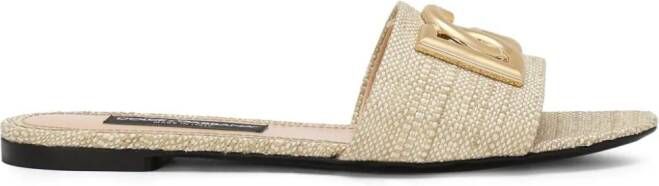 Dolce & Gabbana Raffia slippers met DG-logo Beige