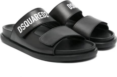 Dsquared2 Kids Leren slippers met logoprint Zwart