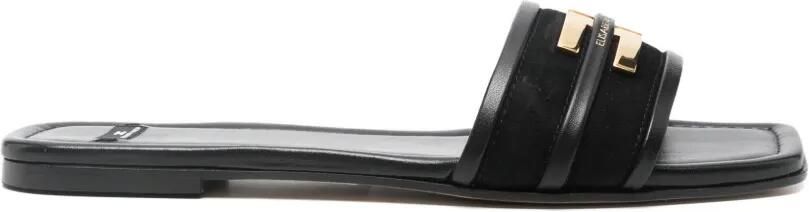 Elisabetta Franchi Platte leren sandalen met logo Zwart