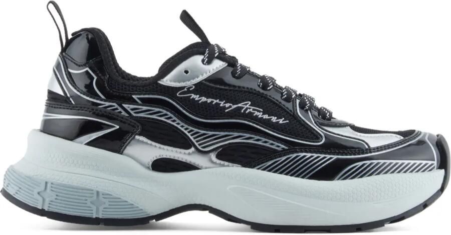 Emporio Armani Lakleren gestreepte sneakers Zwart