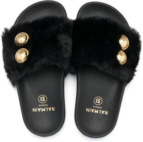 Balmain Kids Slippers met imitatiebont Zwart