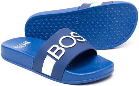 BOSS Kidswear Badslippers met logoprint Blauw