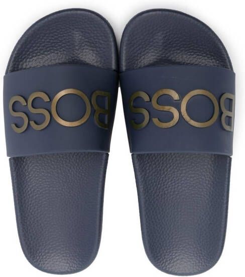 BOSS Kidswear Slippers met logoprint Blauw