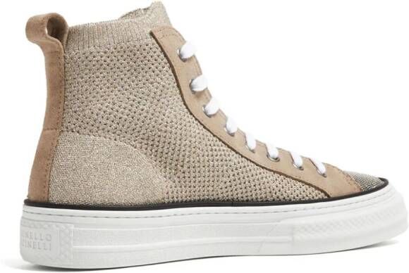 Brunello Cucinelli Metallic gebreide sneakers met monilikralen Beige