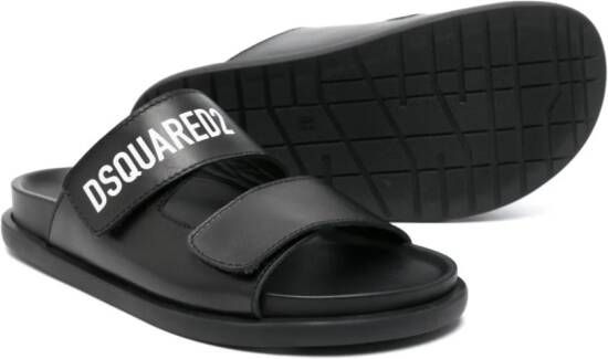 Dsquared2 Kids Leren slippers met logoprint Zwart