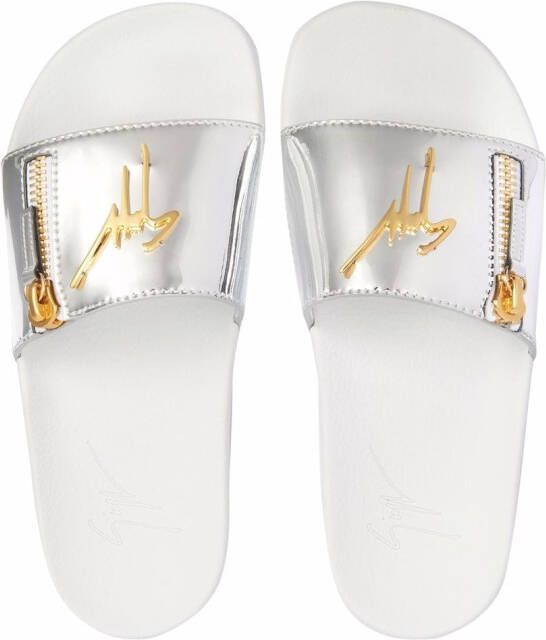 Giuseppe Zanotti Brett slippers met logo Zilver