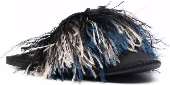 La DoubleJ Slippers met veren afwerking Zwart