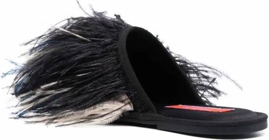La DoubleJ Slippers met veren afwerking Zwart