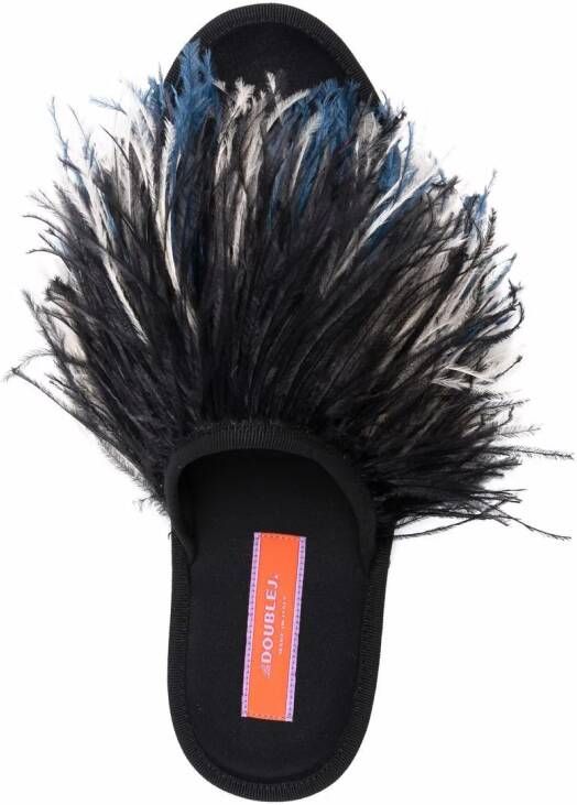 La DoubleJ Slippers met veren afwerking Zwart