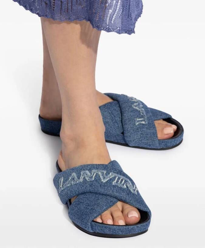 Lanvin Denim slippers met geborduurd logo en gekruiste bandjes Blauw