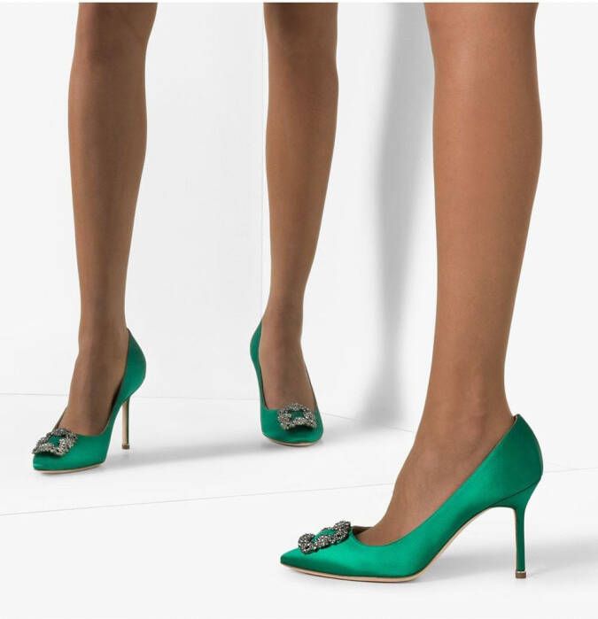 Manolo Blahnik 90 mm Hangisi satijnen pumps Groen
