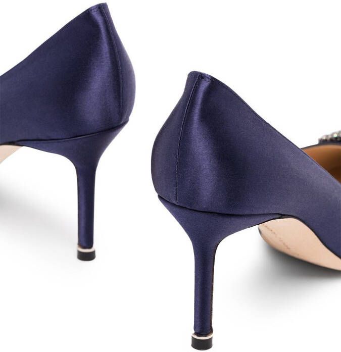 Manolo Blahnik marine blauwe Hangisi 70 pumps van zijde en satijn met gesp en kristallen