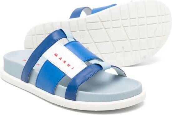Marni Kids Leren slippers met logoprint Blauw