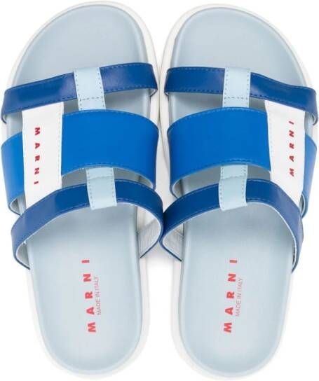 Marni Kids Leren slippers met logoprint Blauw