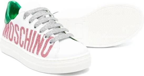 Moschino Kids Leren sneakers met glitter logo Wit