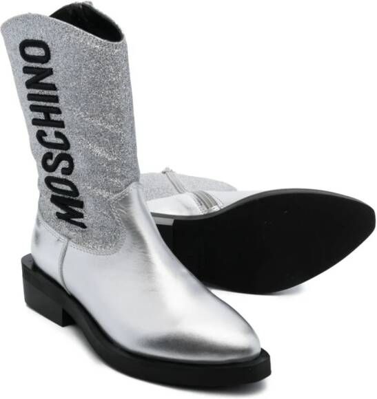 Moschino Kids Knielaarzen met geborduurd logo Zilver