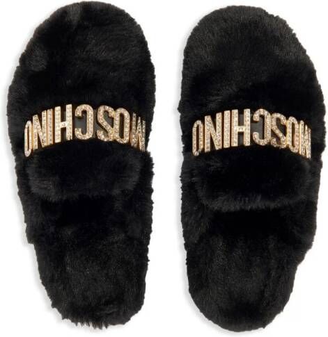 Moschino Kids Slippers van imitatiebont met logo Zwart