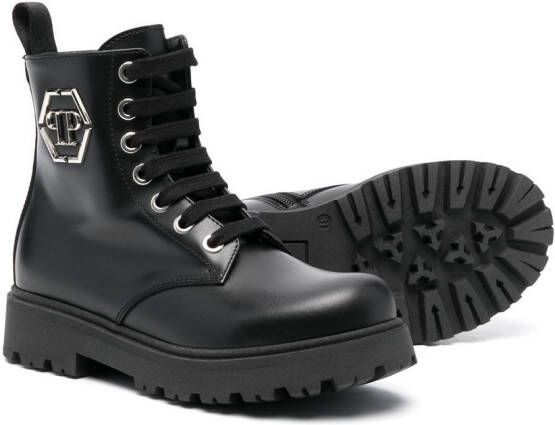 Philipp Plein Junior Combat boots met logoplakkaat Zwart