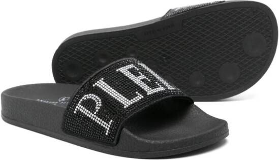 Philipp Plein Junior Slippers met logo verfraaid met kristallen Zwart
