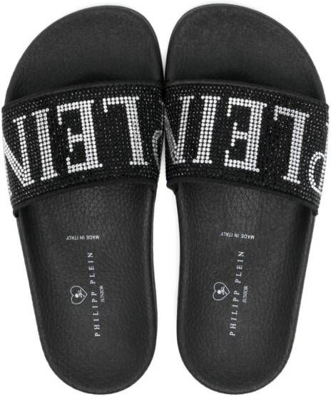 Philipp Plein Junior Slippers met logo verfraaid met kristallen Zwart