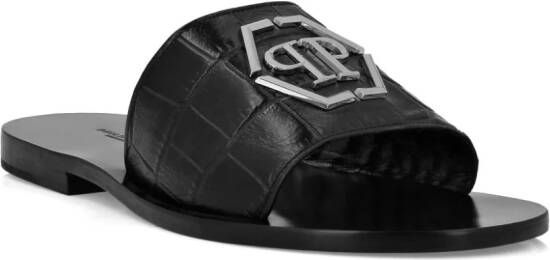 Philipp Plein Leren sandalen met logoplakkaat Zwart