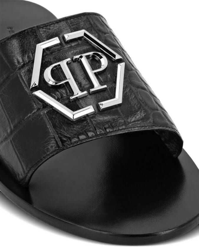 Philipp Plein Leren sandalen met logoplakkaat Zwart