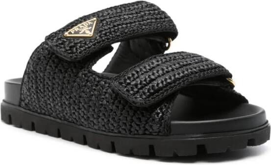 Prada Raffia slippers met logo Zwart