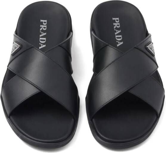 Prada Leren sandalen met logo Zwart