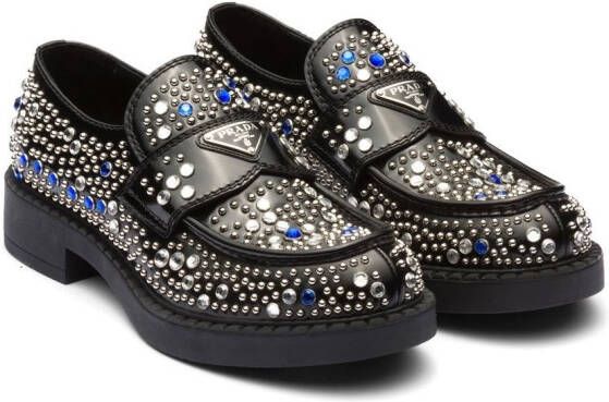 Prada Loafers van geborsteld leer met stras Zwart