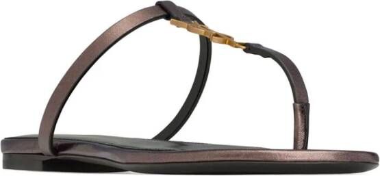 Saint Laurent Cassandra leren teenslippers Bruin