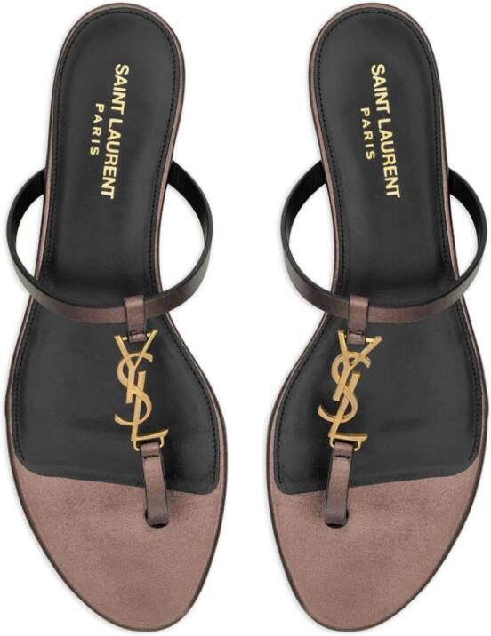 Saint Laurent Cassandra leren teenslippers Bruin