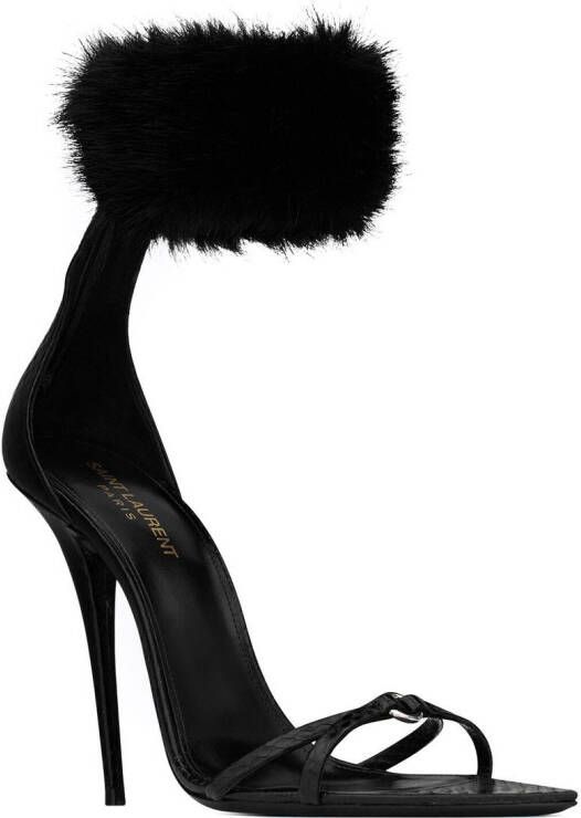 Saint Laurent Gippy sandalen met afwerking van bont Zwart