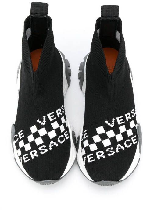 Versace Kids Intarsia gebreide high-top sneakers Zwart
