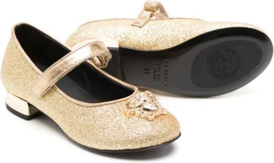 Versace Kids Medusa-plaque metallic leather ballerina shoes Goud