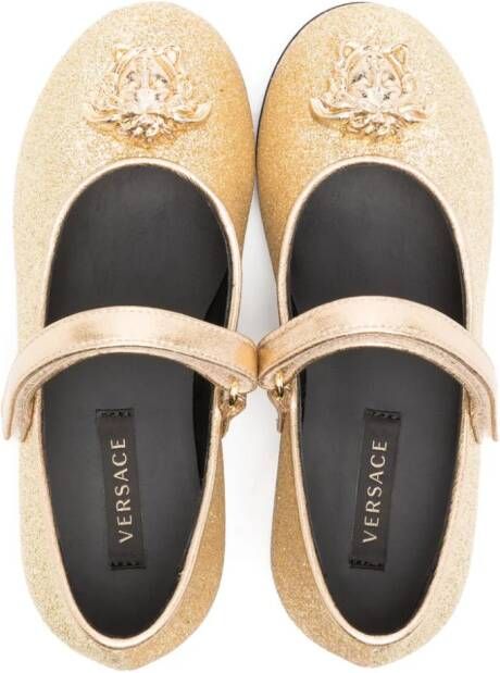 Versace Kids Medusa-plaque metallic leather ballerina shoes Goud