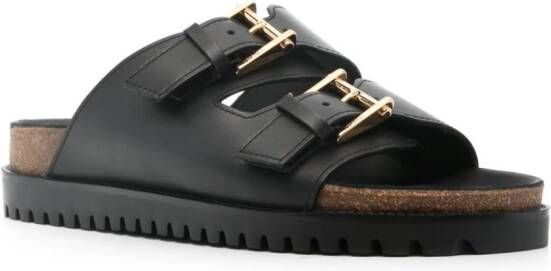 Versace Leren slippers met gegraveerd logo Zwart