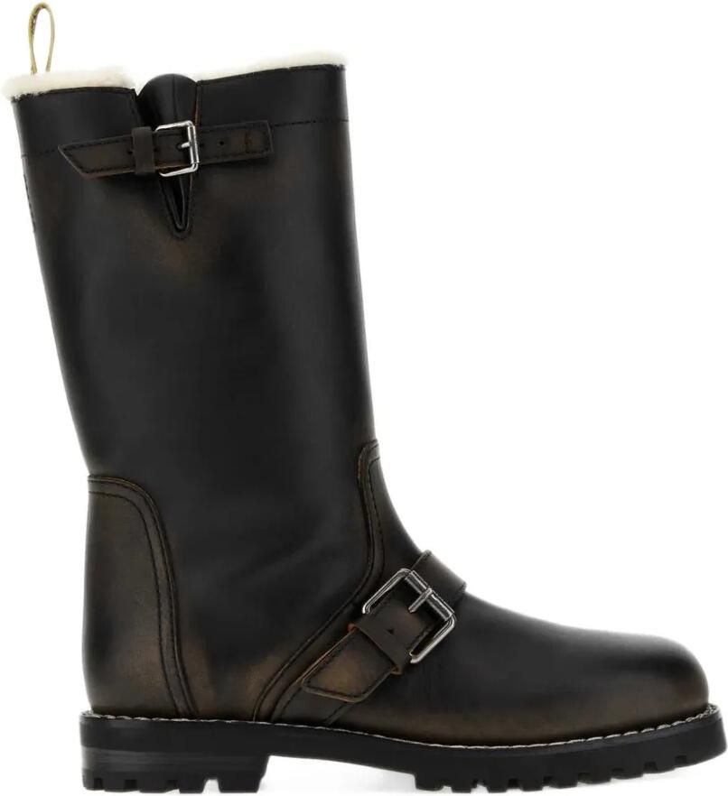 FENDI Commando dark brown leather and white shearling boots Zwart