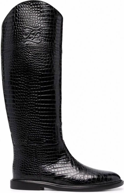 FENDI Karligraphy knielaarzen met krokodillenleer-effect Zwart