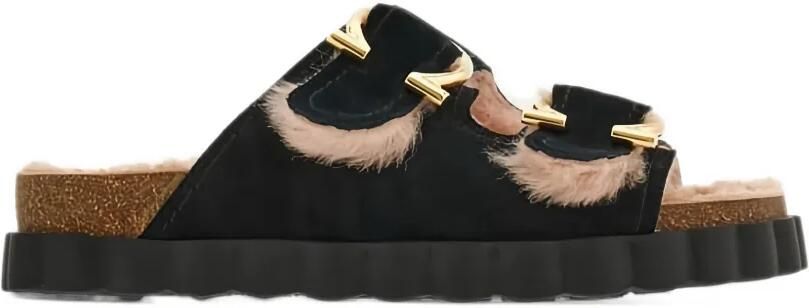 Ferragamo Gancini buckle shearling flat sandals Zwart