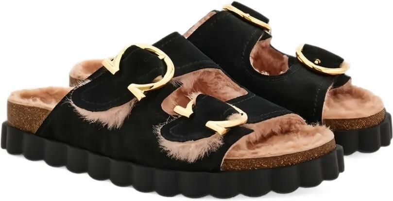 Ferragamo Gancini buckle shearling flat sandals Zwart - Foto 5