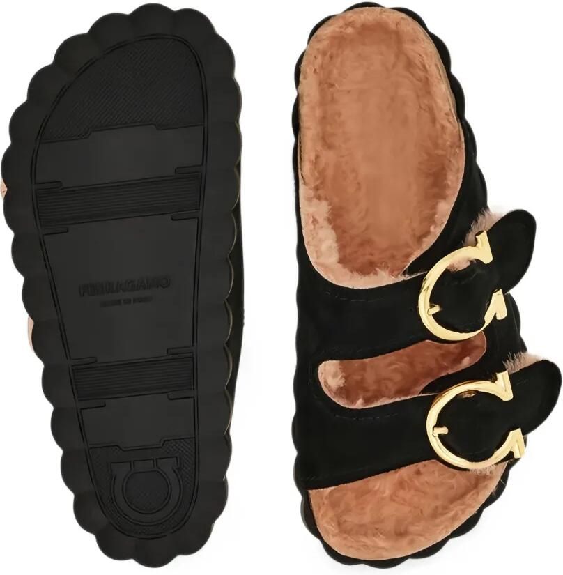 Ferragamo Gancini buckle shearling flat sandals Zwart - Foto 3